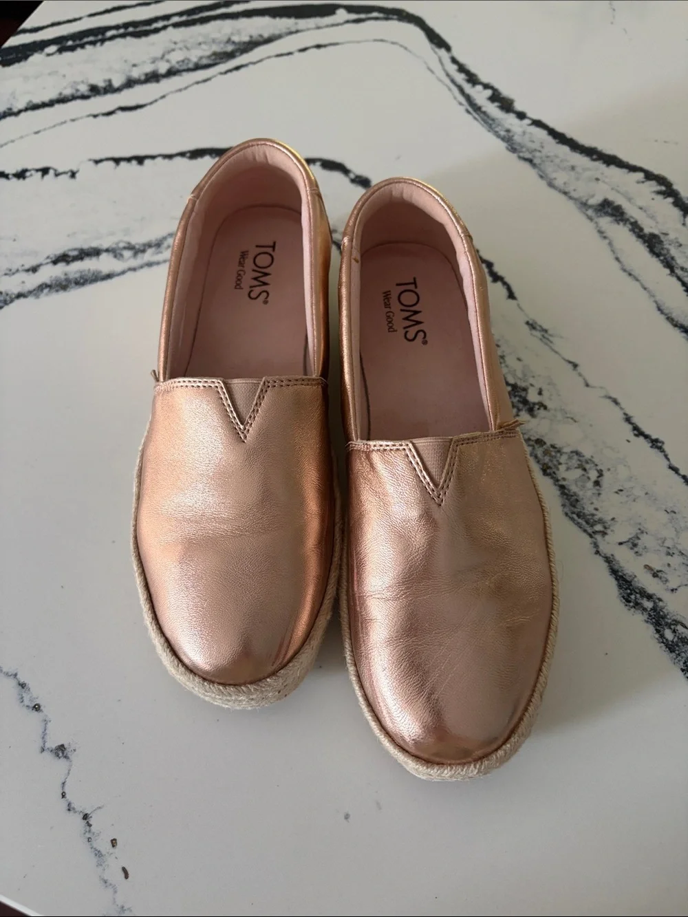 Size 7.5 Toms Metallic Rose Gold Espadrille Slip-Ons